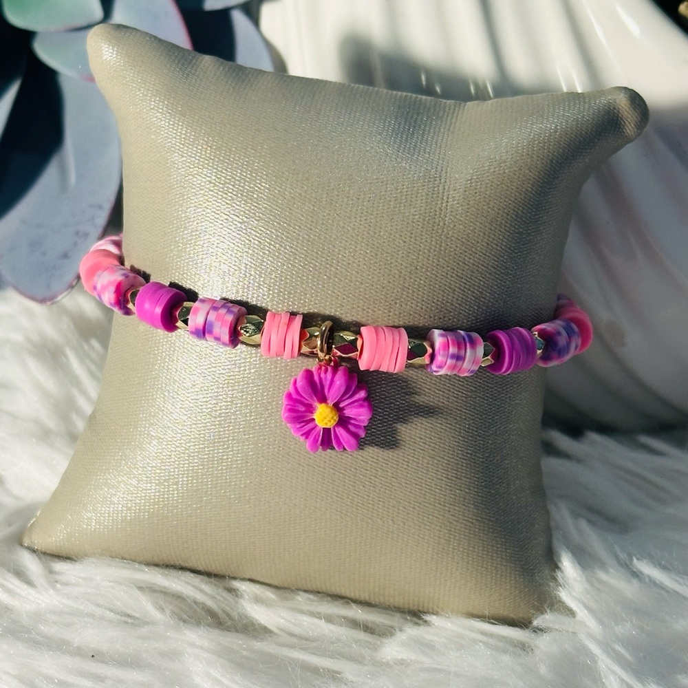 Pink and Purple Beaded Bracelet with Flower Charm